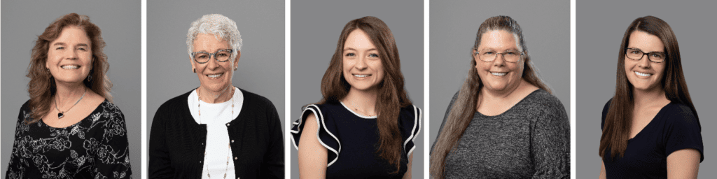 five individual headshots with a gray background